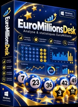 Boîte du logiciel EuroMillionsDesk : analyse et statistiques EuroMillions pour Windows