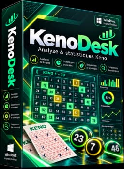 Boîte du logiciel KenoDesk : analyse et statistiques Keno pour Windows