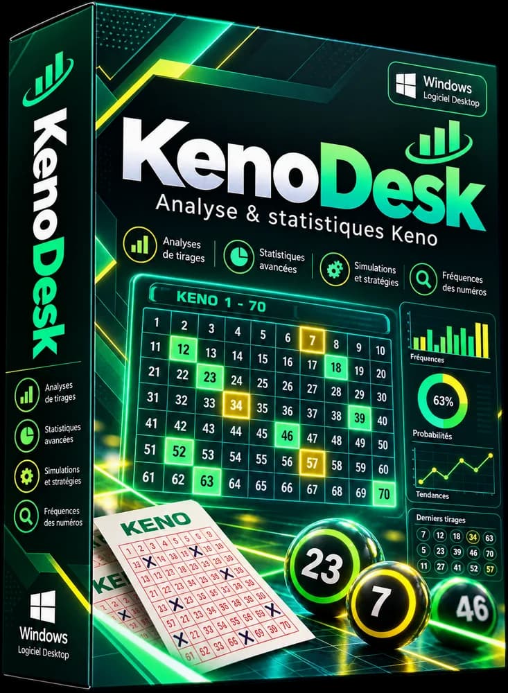 Boîte du logiciel KenoDesk : analyse et statistiques Keno pour Windows