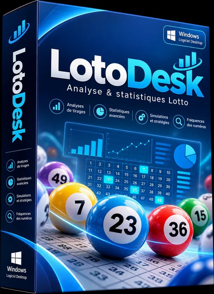 Boîte du logiciel LotoDesk : analyse et statistiques Loto pour Windows