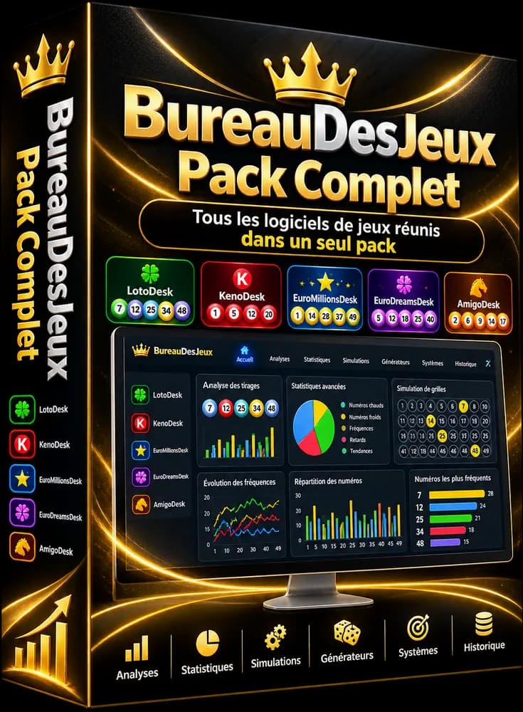 Coffret Bureau des Jeux Pack Complet : les 5 logiciels KenoDesk, LotoDesk, EuroMillionsDesk, EuroDreamsDesk et AmigoDesk